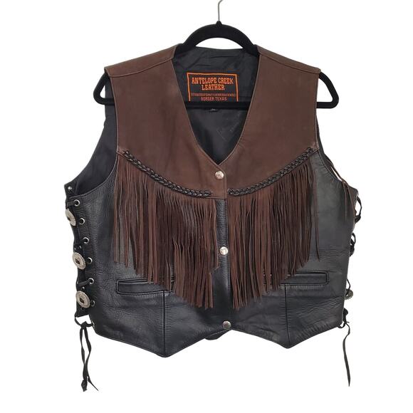 Antelope Creek Jackets & Blazers - Antelope Creek Black Leather Brown Suede Fringe Western Biker Vest XL Conchos